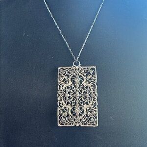 Silver Toned Large Rectangle Filagree Pendant